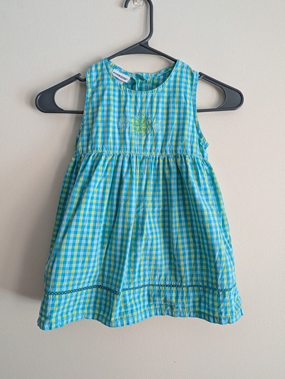 VTG OshKosh B'gosh Girls Plaid Seersucker Floral Embroidered Dress